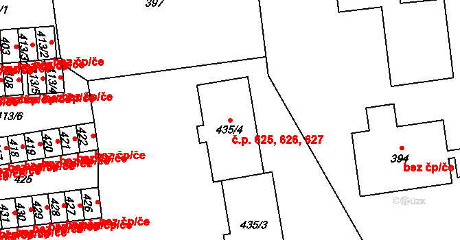 Holice 625,626,627, Olomouc na parcele st. 435/2 v KÚ Holice u Olomouce, Katastrální mapa
