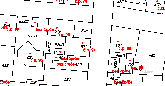 České Budějovice 4 91, České Budějovice na parcele st. 521 v KÚ České Budějovice 4, Katastrální mapa