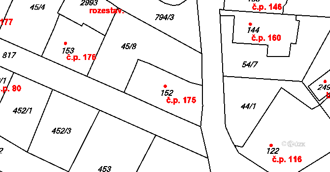 Sezimovo Ústí 175 na parcele st. 152 v KÚ Sezimovo Ústí, Katastrální mapa