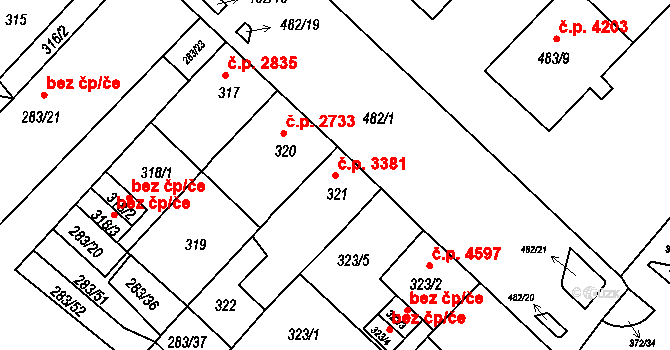 Chomutov 3381 na parcele st. 321 v KÚ Chomutov II, Katastrální mapa