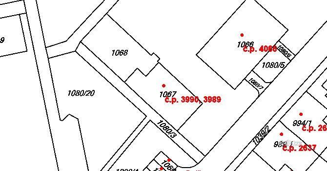 Chomutov 3989,3990 na parcele st. 1067 v KÚ Chomutov II, Katastrální mapa
