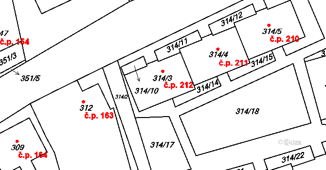 Úštěk-Českolipské Předměstí 212, Úštěk na parcele st. 314/3 v KÚ Úštěk, Katastrální mapa