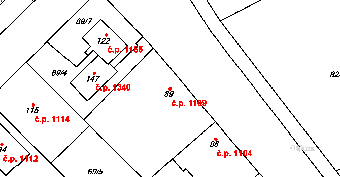 Litovel 1109 na parcele st. 89 v KÚ Chořelice, Katastrální mapa