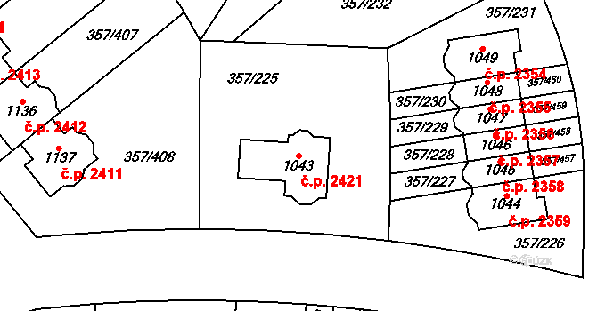 Hostivice 2421 na parcele st. 1043 v KÚ Litovice, Katastrální mapa