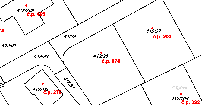Křeslice 274, Praha na parcele st. 412/28 v KÚ Křeslice, Katastrální mapa
