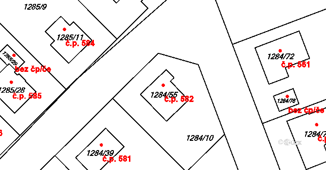 Spořice 582 na parcele st. 1284/55 v KÚ Spořice, Katastrální mapa
