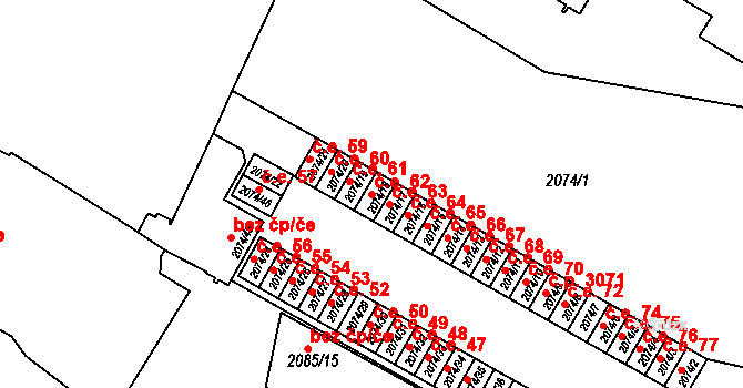 Brňany 62, Vyškov na parcele st. 2074/18 v KÚ Vyškov, Katastrální mapa