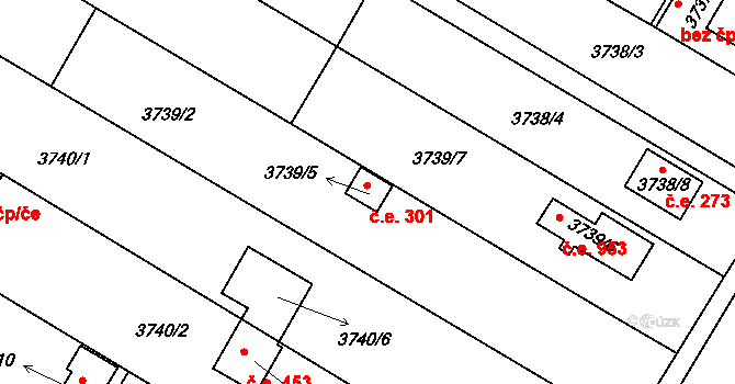 Roudnice nad Labem 301 na parcele st. 3739/5 v KÚ Roudnice nad Labem, Katastrální mapa