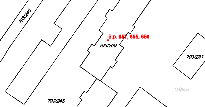 Výškovice 655,656,657, Ostrava na parcele st. 793/209 v KÚ Výškovice u Ostravy, Katastrální mapa
