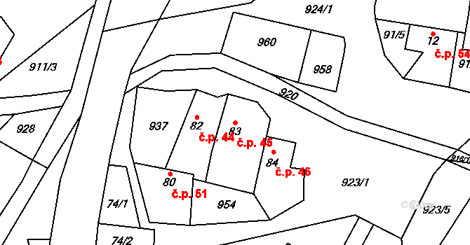 Polichno 45, Luhačovice na parcele st. 83 v KÚ Polichno, Katastrální mapa
