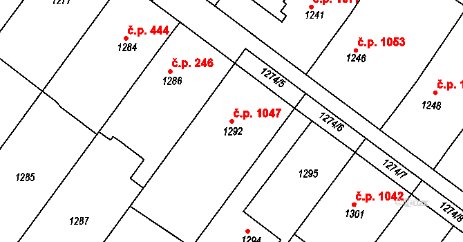 Hluk 1047 na parcele st. 1292 v KÚ Hluk, Katastrální mapa