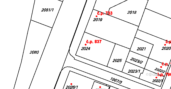 Kunovice 837 na parcele st. 2024 v KÚ Kunovice u Uherského Hradiště, Katastrální mapa