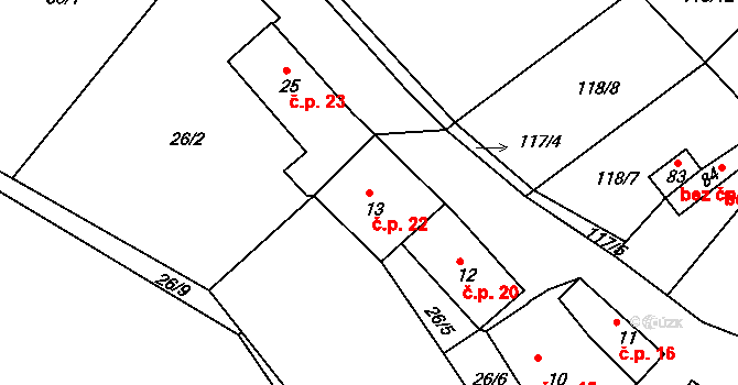 Pěčnov 22 na parcele st. 13 v KÚ Pěčnov, Katastrální mapa