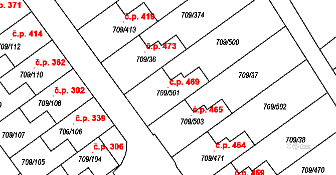 Popůvky 469 na parcele st. 709/501 v KÚ Popůvky u Brna, Katastrální mapa