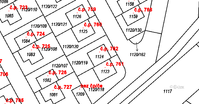 Kudlov 762, Zlín na parcele st. 1124 v KÚ Kudlov, Katastrální mapa
