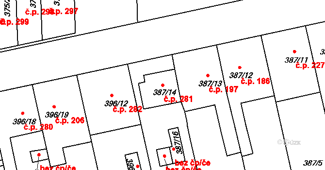Všetuly 281, Holešov na parcele st. 387/14 v KÚ Všetuly, Katastrální mapa