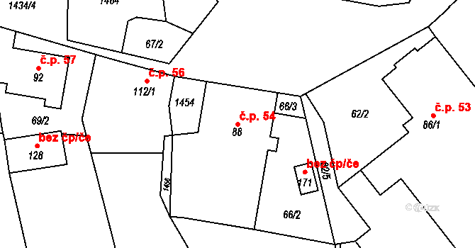 Chvalnov 54, Chvalnov-Lísky na parcele st. 88 v KÚ Chvalnov, Katastrální mapa