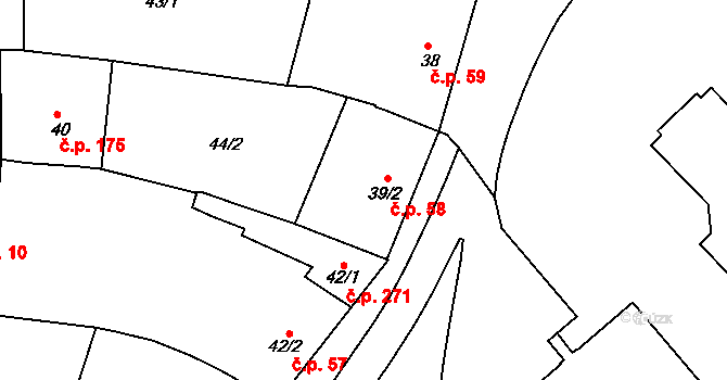 Střílky 58 na parcele st. 39/2 v KÚ Střílky, Katastrální mapa