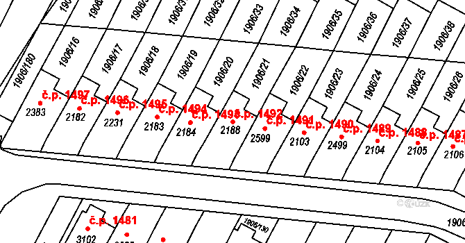 Bystřice pod Hostýnem 1492 na parcele st. 2188 v KÚ Bystřice pod Hostýnem, Katastrální mapa