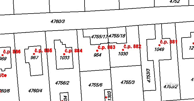 Hrušovany nad Jevišovkou 883 na parcele st. 954 v KÚ Hrušovany nad Jevišovkou, Katastrální mapa