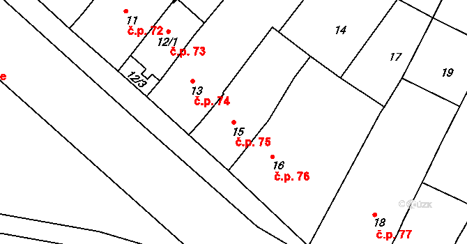 Oleksovice 75 na parcele st. 15 v KÚ Oleksovice, Katastrální mapa