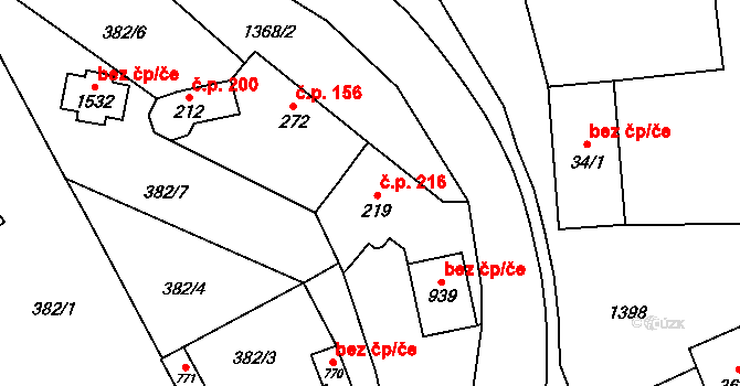 Vranov nad Dyjí 216 na parcele st. 219 v KÚ Vranov nad Dyjí, Katastrální mapa