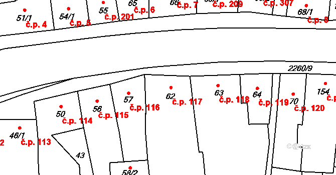 Lišov 117 na parcele st. 62 v KÚ Lišov, Katastrální mapa