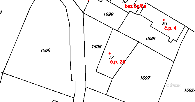Bošov 24, Vrbice na parcele st. 77 v KÚ Vrbice u Valče, Katastrální mapa
