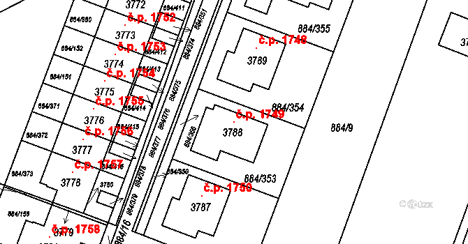 Bystřice pod Hostýnem 1749 na parcele st. 3788 v KÚ Bystřice pod Hostýnem, Katastrální mapa