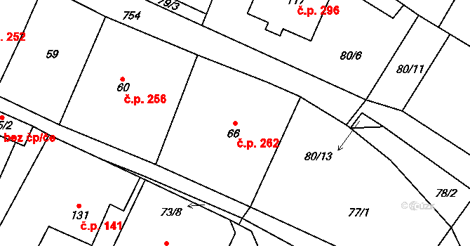 Dobronín 262 na parcele st. 66 v KÚ Střelecká, Katastrální mapa