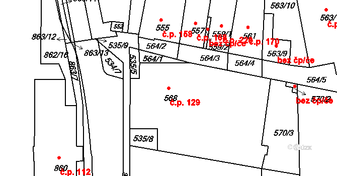 Hrušovany u Brna 129 na parcele st. 568 v KÚ Hrušovany u Brna, Katastrální mapa