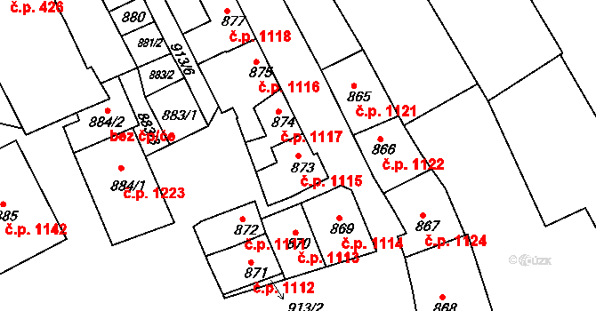 Rousínov 1115 na parcele st. 873 v KÚ Rousínov u Vyškova, Katastrální mapa