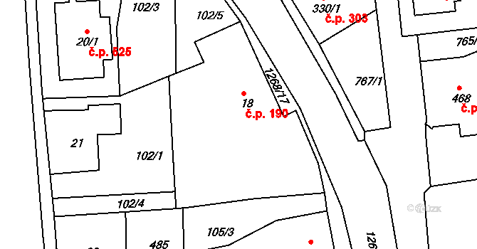 Hejnice 190 na parcele st. 18 v KÚ Hejnice, Katastrální mapa