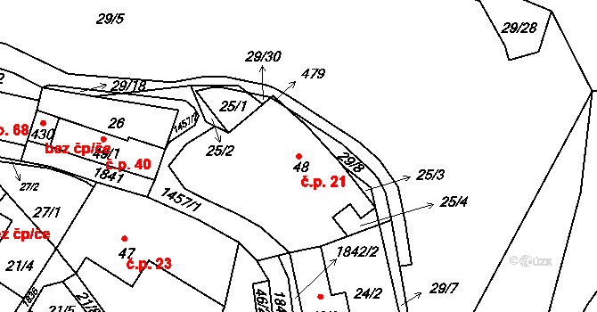 Tetín 21 na parcele st. 48 v KÚ Tetín u Berouna, Katastrální mapa
