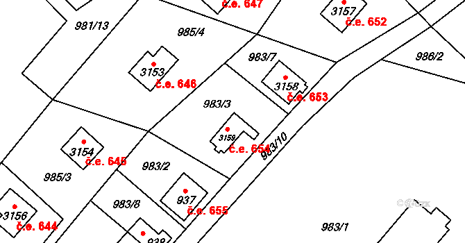 Ostravice 654 na parcele st. 3159 v KÚ Staré Hamry 2, Katastrální mapa