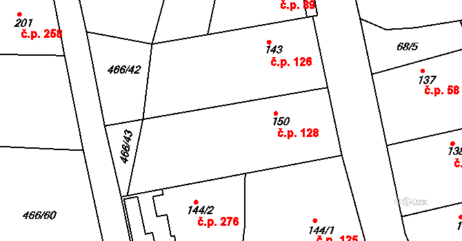 Broumy 128 na parcele st. 150 v KÚ Broumy, Katastrální mapa