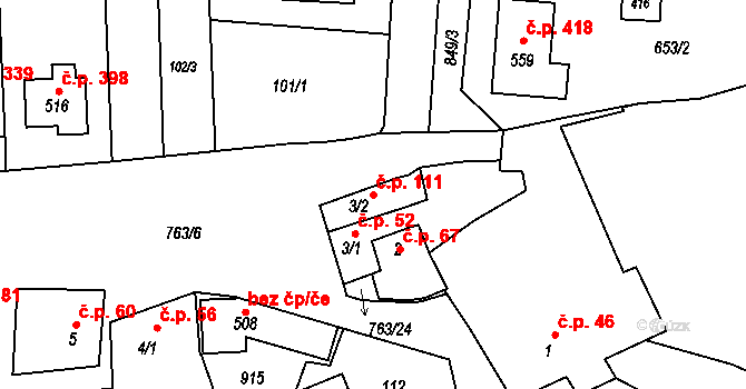 Slatinice 111 na parcele st. 3/2 v KÚ Slatinice na Hané, Katastrální mapa