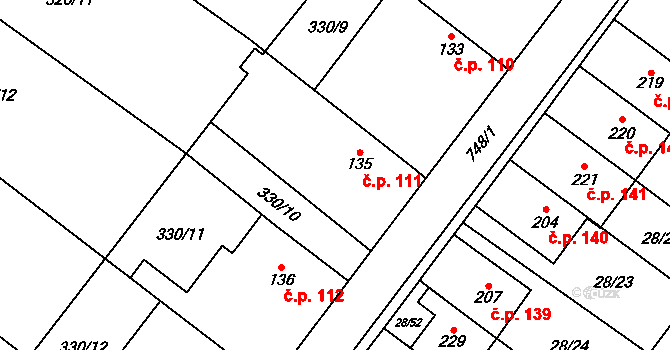 Střelice 111, Uničov na parcele st. 135 v KÚ Střelice u Litovle, Katastrální mapa
