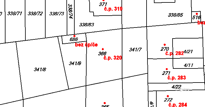 Bohušovice nad Ohří 320 na parcele st. 366 v KÚ Bohušovice nad Ohří, Katastrální mapa