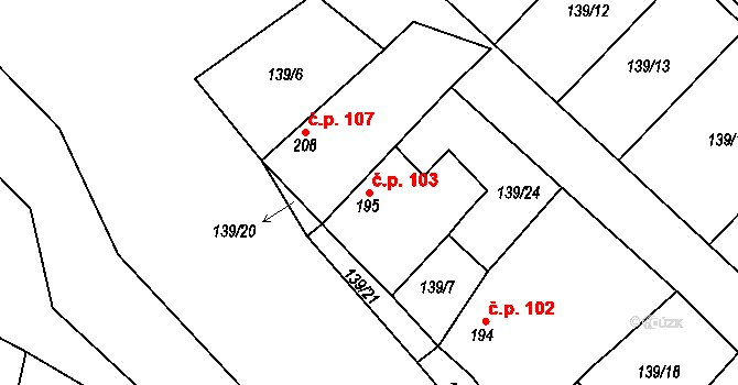 Pohořice 103, Martiněves na parcele st. 195 v KÚ Martiněves u Libochovic, Katastrální mapa