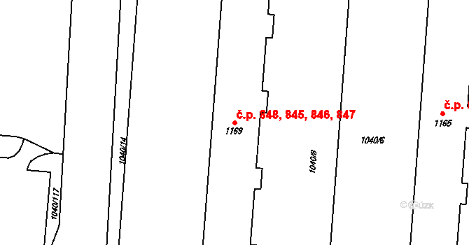 Rožnov pod Radhoštěm 845,846,847,848 na parcele st. 1169 v KÚ Rožnov pod Radhoštěm, Katastrální mapa