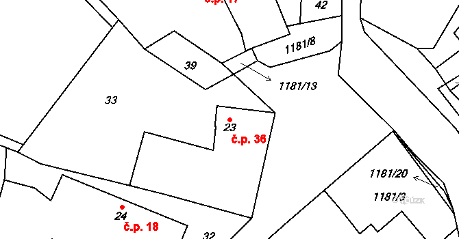 Bradáčov 36 na parcele st. 23 v KÚ Bradáčov, Katastrální mapa