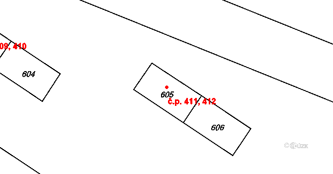 Milovice 411,412 na parcele st. 605 v KÚ Milovice nad Labem, Katastrální mapa