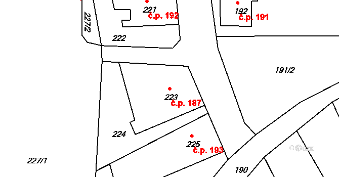 Radonice 187 na parcele st. 223 v KÚ Radonice u Kadaně, Katastrální mapa