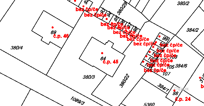 Menhartice 45 na parcele st. 64 v KÚ Menhartice, Katastrální mapa