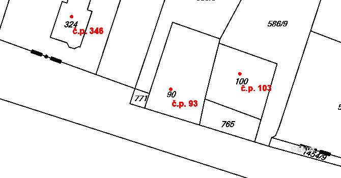 Záryby 93 na parcele st. 90 v KÚ Záryby, Katastrální mapa