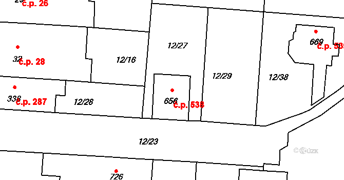 Lazce 538, Olomouc na parcele st. 656 v KÚ Lazce, Katastrální mapa