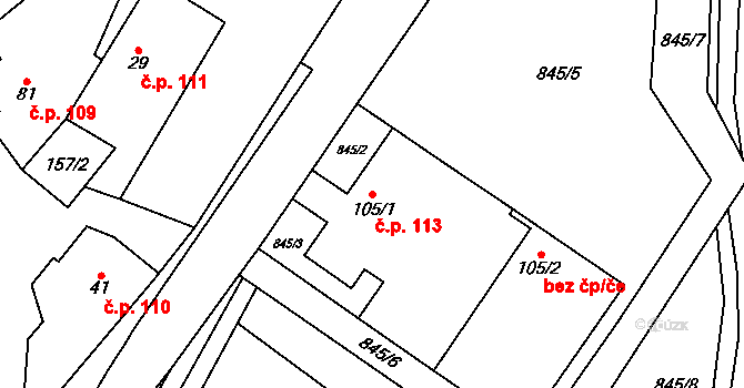 Kocbeře 113 na parcele st. 105/1 v KÚ Kocbeře, Katastrální mapa