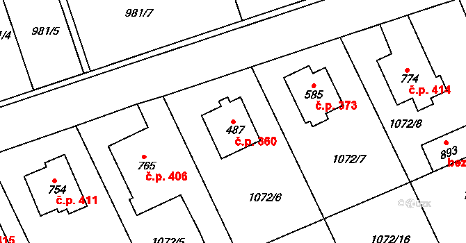 Věkoše 360, Hradec Králové na parcele st. 487 v KÚ Věkoše, Katastrální mapa