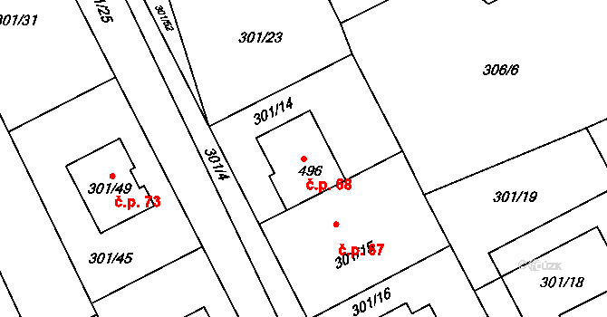 Kupařovice 68 na parcele st. 496 v KÚ Kupařovice, Katastrální mapa